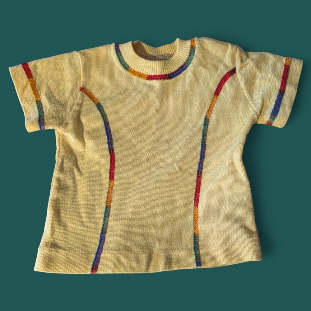 70s Vintage Toddler Yellow Shirt‎ With Rainbow Stitching Size 2T